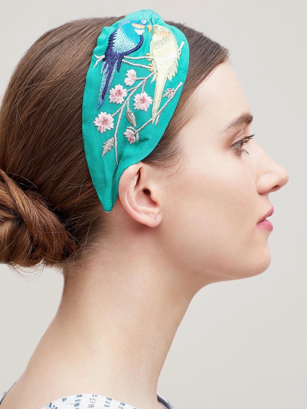 Anthropologie NamJosh Birds of Paradise Embroidered Headband Green